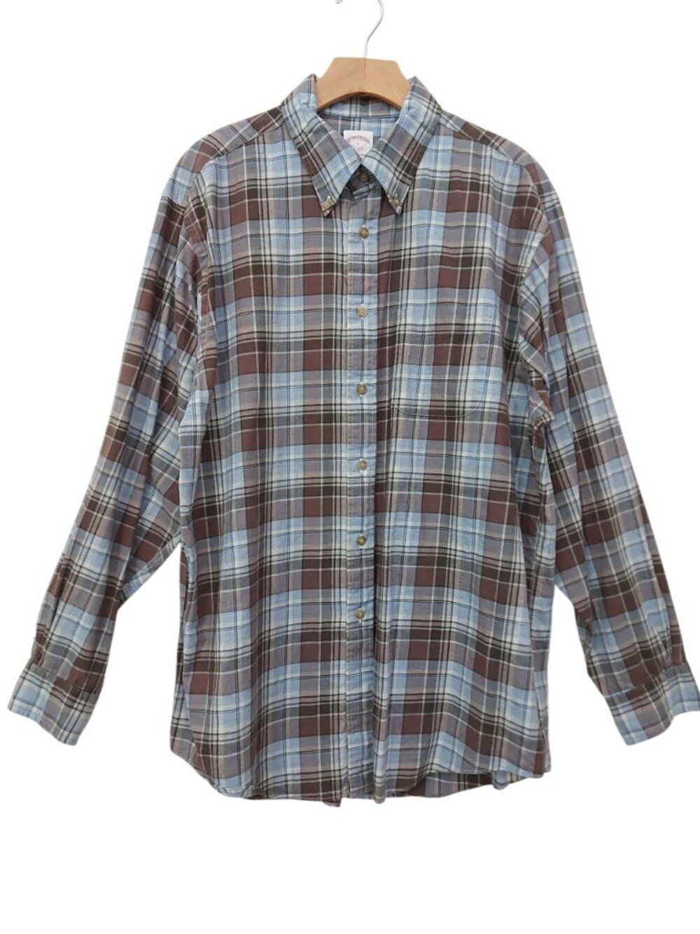Brooks Brothers Madison Original Polo Shirt Mens Large Brown Plaid Cotton Button